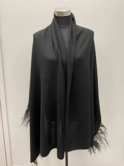 Incashmere Ostrich Feather Wool Shawl In Black In Black