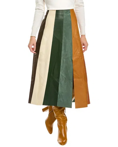 Ferragamo Paneled Multicolor Leather & Suede Midi Skirt In Green