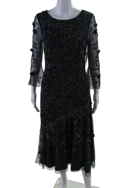 Theia Womens Navy Floral Detail Beaded Crew Neck Long Sleeve Shift Dress In Blue