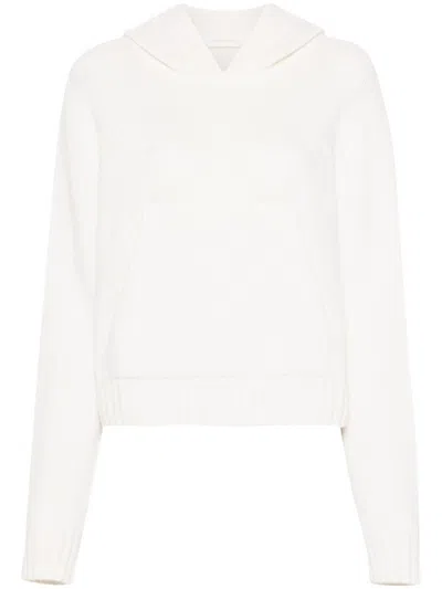 Palm Angels Curved Logo Knitted Hoodie In White Light Beige