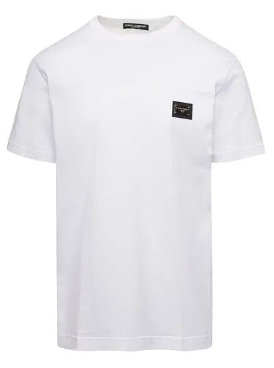 Shop Dolce & Gabbana White Crewneck T-shirt With Logo Plaque On The Front