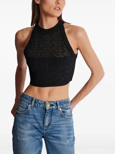 Balmain Sheer Geometric Halterneck Top With Metallic Threading In Black