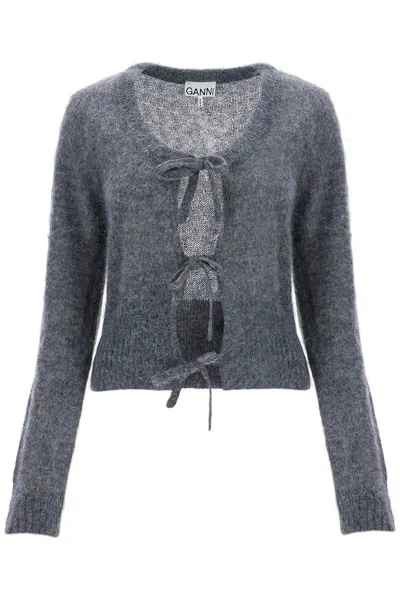 Shop Ganni Mohair Cardigan With Bow Accents In Grey