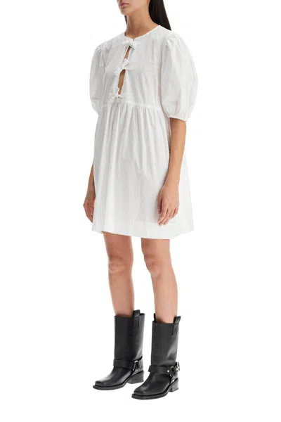 Ganni Organic Cotton Tie String Mini Dress In White