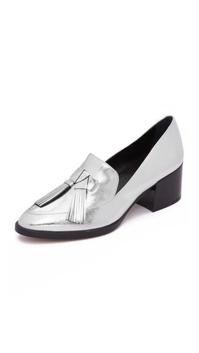 Rebecca Minkoff Edie Tassel Metallic Leather Block-heel Oxfords In Silver