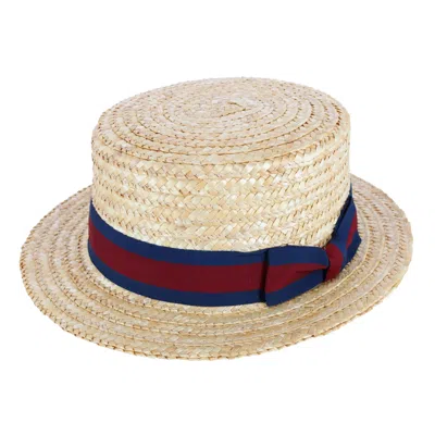 Ctm Straw 2 Inch Brim Boater Hat With Navy Band And Elastic Sweatband In White