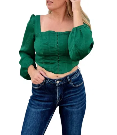 Vanilla Monkey Satin Square Neck Hook And Eye Crop Top In Emerald In Gold