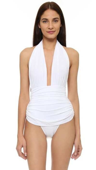 Shop Norma Kamali High Leg Halter Mio Swimsuit In White