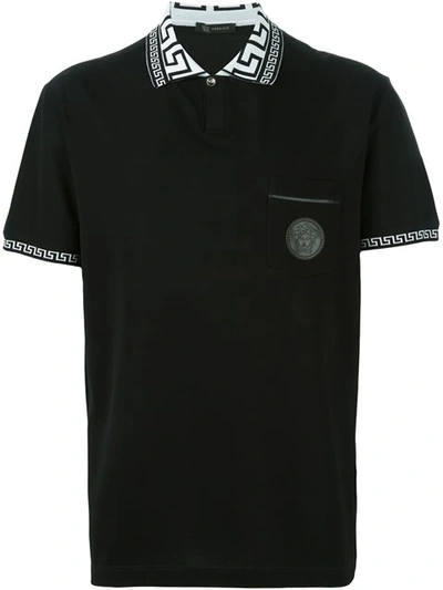 Versace Greca Key Collar Cotton Polo Shirt In Black