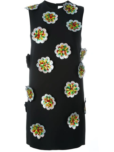 Victoria Victoria Beckham Crepe Shift Dress With Sequin Flower Applique In Black