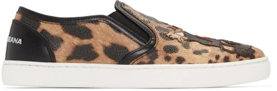 Dolce & Gabbana Black & Tan Leopard Print Slip-on Sneakers In Nude&neutrals
