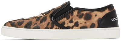 Shop Dolce & Gabbana Black & Tan Leopard Print Slip-on Sneakers