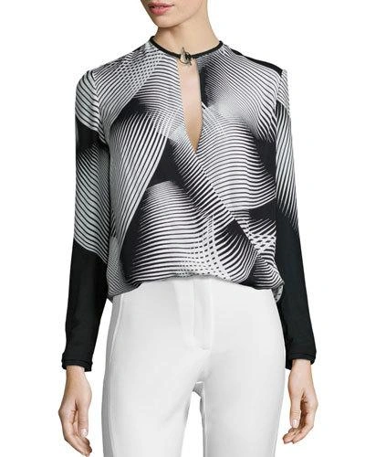 Halston Heritage Long-sleeve Graphic-print Draped Blouse In Black Curve