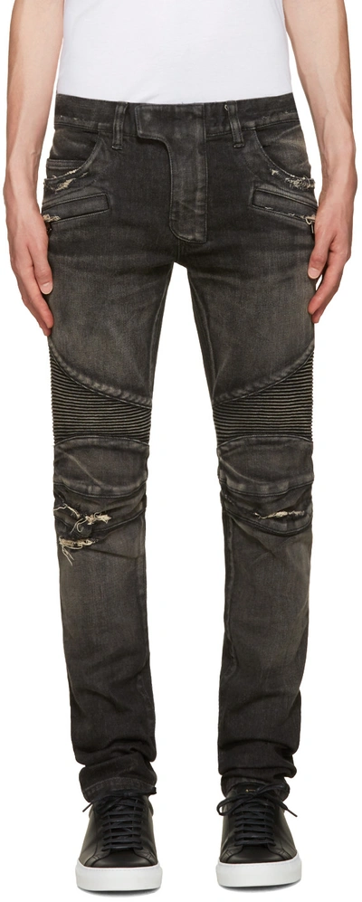 Shop Balmain Black Distressed Biker Jeans