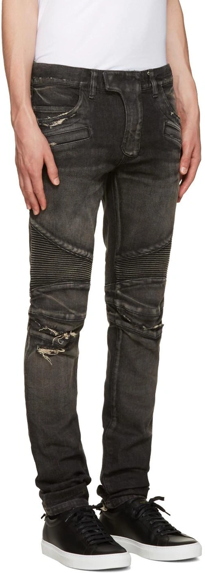 Shop Balmain Black Distressed Biker Jeans