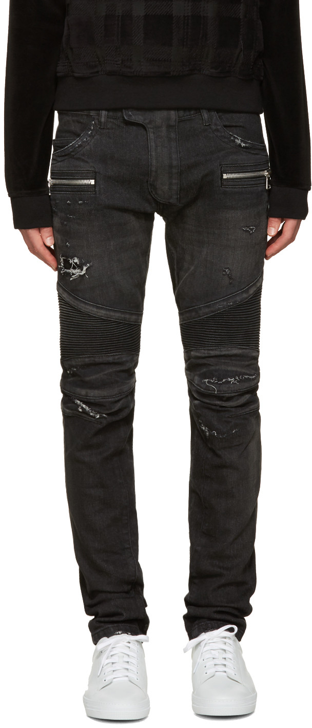 Balmain Slim-fit Distressed Denim Biker Jeans In Washed Black | ModeSens