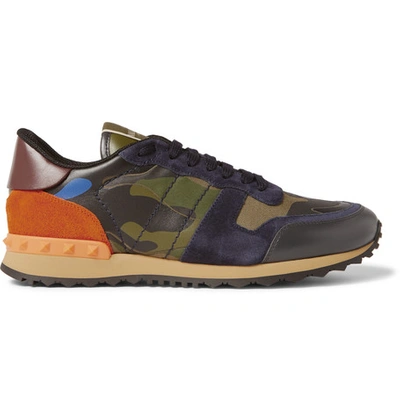 Shop Valentino Rockrunner Camouflage-print Canvas, Leather And Suede Sneakers