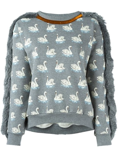Stella Mccartney Fringe Trim Swan Print Cotton Sweatshirt In Grey