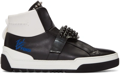 Fendi Karlito Studded High-top Calf Leather Sneakers In Black White