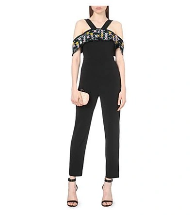 Shop Peter Pilotto Embroidered Crepe Cold-shoulder Jumpsuit In Black