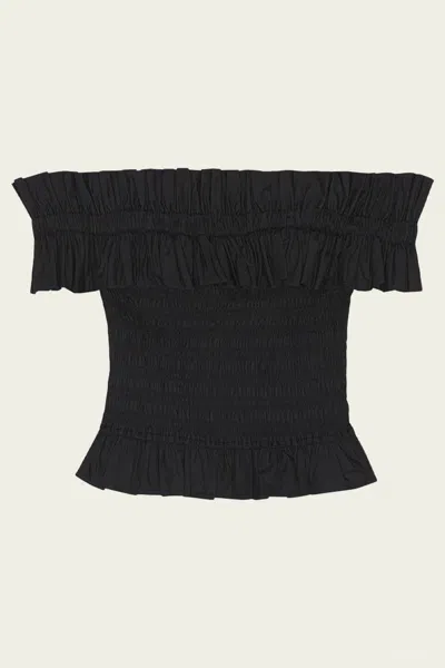 Ganni Off-the-shoulder Shirred Organic Cotton-poplin Top