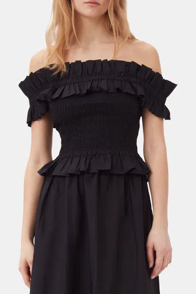 Ganni Off-the-shoulder Shirred Organic Cotton-poplin Top
