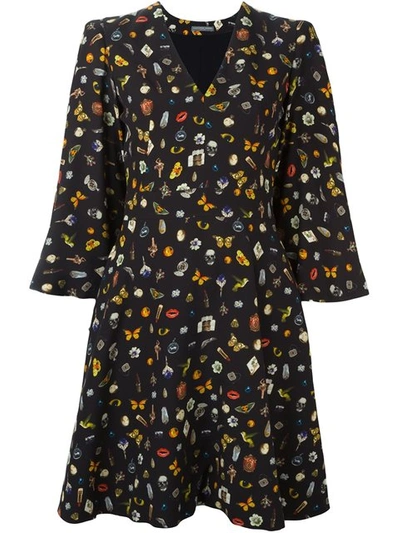 Alexander Mcqueen Obsession-print Cape-sleeved Crepe Dress In Nero