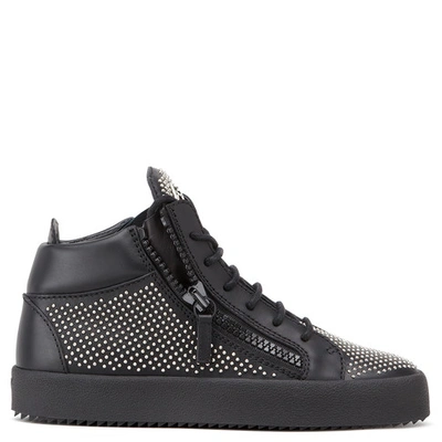Shop Giuseppe Zanotti - Black Calfskin Mid-top Sneaker With Studs Connor