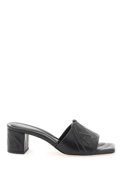 Alexander Mcqueen Black Slip-on Sandals With Embossed Logo In Padded Leather Woman