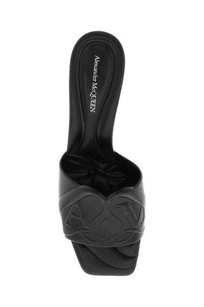 Alexander Mcqueen Black Slip-on Sandals With Embossed Logo In Padded Leather Woman