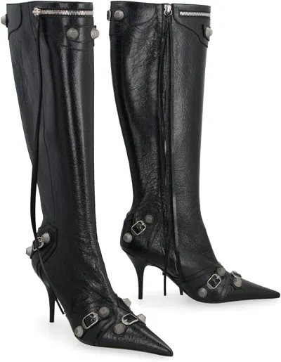 Balenciaga Cagole White Pointed High-boots With Studs And Buckles In Leather Woman In Black