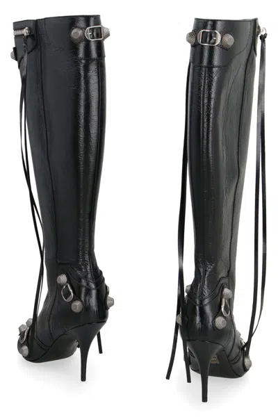 Balenciaga Cagole White Pointed High-boots With Studs And Buckles In Leather Woman In Black