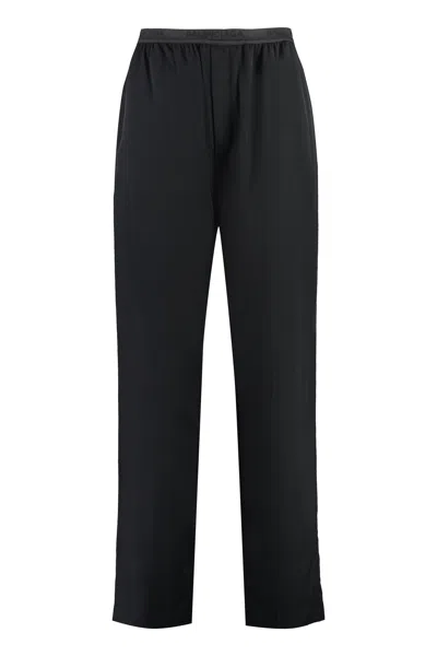 Balenciaga Black Pants With Elastic Drawstring And Side Band With Logo Lettering In Tech Fabric Man