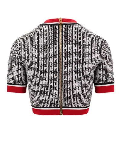 Balmain Monogram Jacquard Short Sleeve Crop Sweater