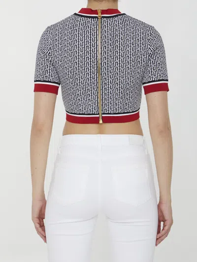 Balmain Monogram Jacquard Short Sleeve Crop Sweater