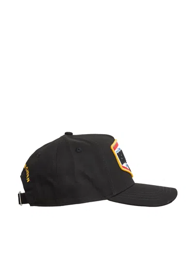 Dsquared2 Black Baseball Cap With Maxi Print On The Front And Rear Adjustable Buckle Cosure In Cotton Man In Black
