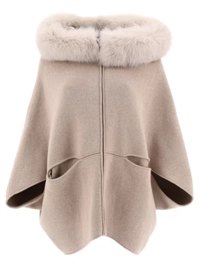 Giovi Beige Wool And Cashmere Cape With Fur Collar In Neutral