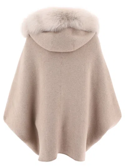 Giovi Beige Wool And Cashmere Cape With Fur Collar In Neutral