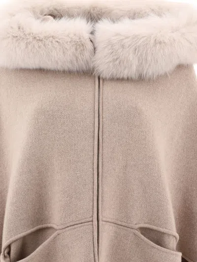 Giovi Beige Wool And Cashmere Cape With Fur Collar In Neutral