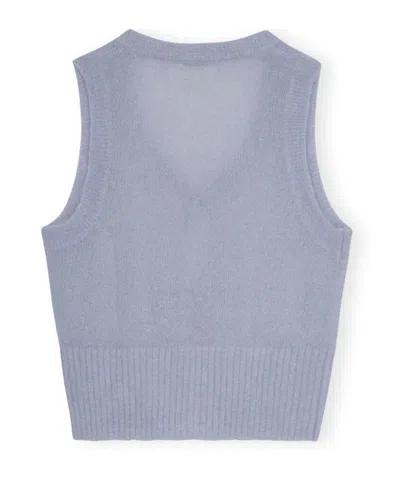 Ganni Heather Blue Sleeveless Cardigan With Bows In Gray