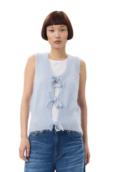 Ganni Heather Blue Sleeveless Cardigan With Bows In Gray