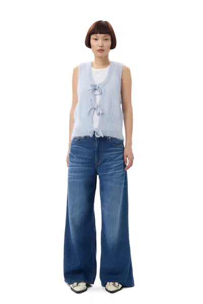 Ganni Heather Blue Sleeveless Cardigan With Bows In Gray