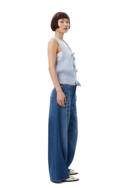 Ganni Heather Blue Sleeveless Cardigan With Bows In Gray