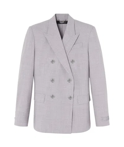 Versace Double-breasted Chambray Blazer In Gray