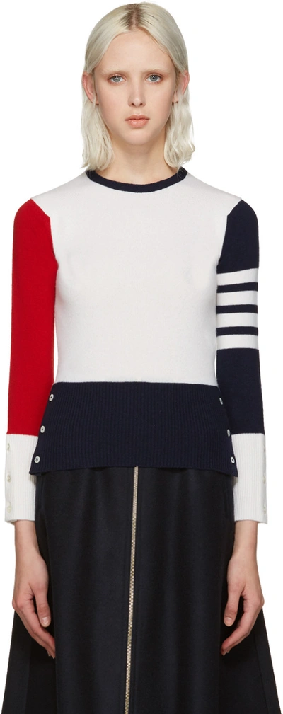 Thom Browne Classic Crewneck Pullover In Funmix Cashmere With 4-bar Sleeve Stripe In 960 Rwbwht