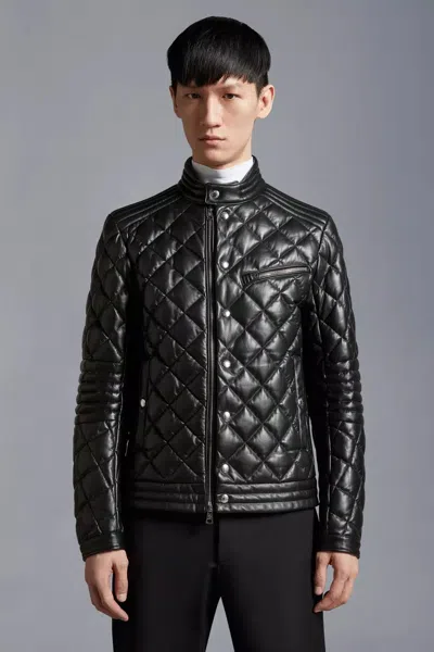 Moncler Black Leather Biker Jacket For Men