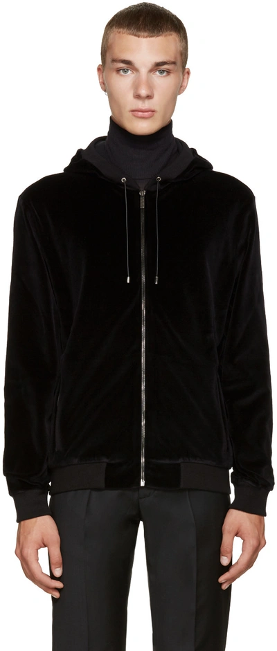 Versace Men's Embossed-logo Chenille Zip-front Hoodie In Black