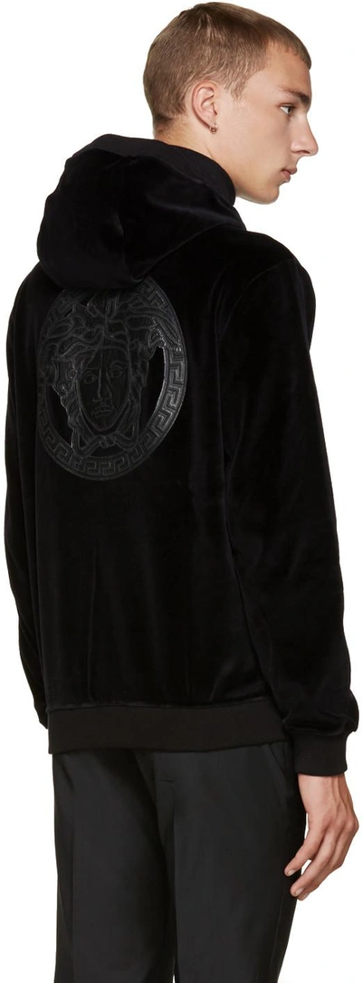 Shop Versace Black Velour Embroidered Medusa Hoodie