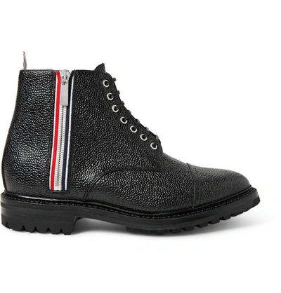 Shop Thom Browne Stripe-trimmed Pebble-grain Leather Boots