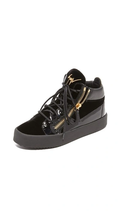 Shop Giuseppe Zanotti Leather And Velvet Trainers In Black